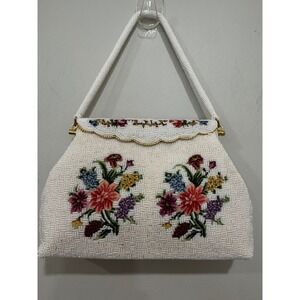 Vintage beaded handbag‎ White pink needlepoint retro 50s 60s fold-over clasp